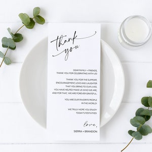 May include: A simple black and white thank you card with a handwritten font. The card reads "Thank you" in a large font at the top and includes a message of gratitude to family and friends for celebrating with the couple, Sierra and Brandon.