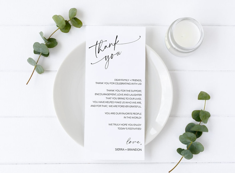 May include: A simple black and white thank you card with a handwritten font. The card reads "Thank you" in a large font at the top and includes a message of gratitude to family and friends for celebrating with the couple, Sierra and Brandon.