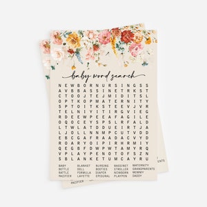 Op de afbeelding: Een printbaar baby-woordzoekspel met een bloemenontwerp. De woorden zijn verborgen in een rooster met letters. De woorden omvatten: pasgeborene, borstvoeding, wieg, moederschap, baby, fles, pop, slofjes, kinderwagen, grootouders, rammelaar, flesvoeding, luier, pasgeborene, mama, speen, layette, episiotomie, box, papa.