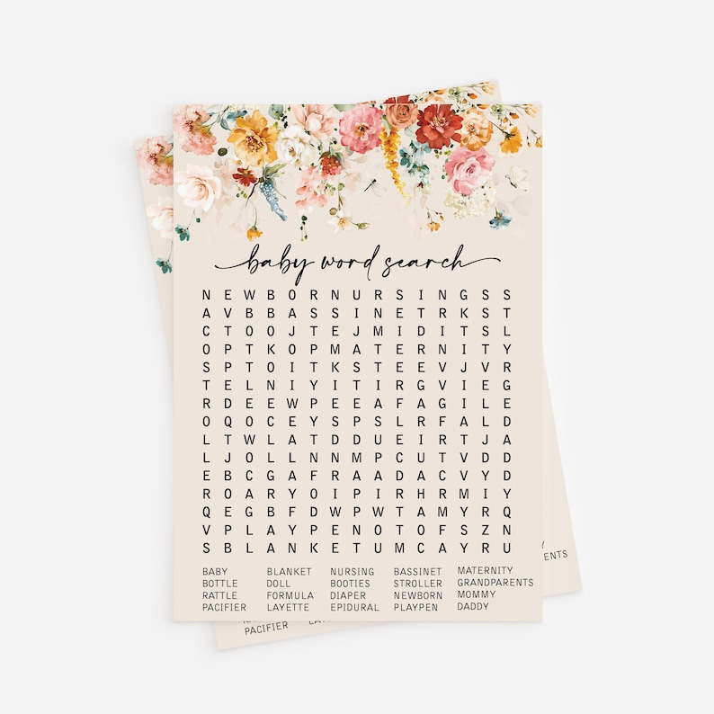 Op de afbeelding: Een printbaar baby-woordzoekspel met een bloemenontwerp. De woorden zijn verborgen in een rooster met letters. De woorden omvatten: pasgeborene, borstvoeding, wieg, moederschap, baby, fles, pop, slofjes, kinderwagen, grootouders, rammelaar, flesvoeding, luier, pasgeborene, mama, speen, layette, episiotomie, box, papa.