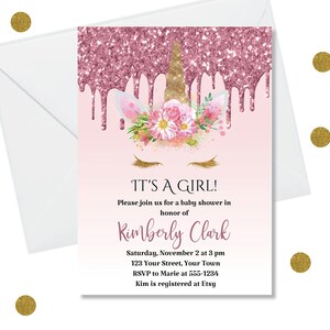 Szablon zaproszenia do edycji DIY - kapiący różowy brokatowy jednorożec dziewczynka zaproszenie na baby shower, edytowalny plik PDF, na każdą okazję