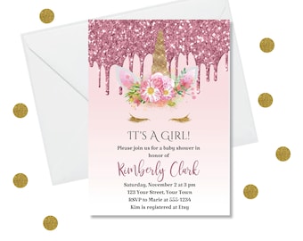 DIY Editable Invitation Template - Dripping Pink Glitter Unicorn Girl Baby Shower Invitation, Editable PDF, Any Occasion