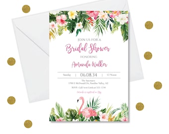 May include: A pink flamingo with tropical leaves and flowers on a white background. The text reads "Join us for a Bridal Shower honoring Amanda Walker, Sunday 06.08.34, 12 Noon, The Sanctuary, 5700 E. McDonald Dr., Paradise Valley, AZ, RSVP: Call/text Linda at 555-1234, Amanda is registered at Etsy".