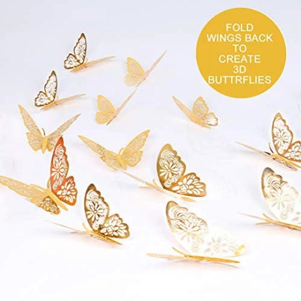 12 Pack Mixed Size Foiled Butterflies, Cake Decoration, Cake Topper, Cupcake, Gold Butterfly, Wall Decor, Party, Home