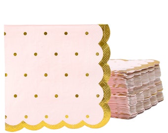 100 Pack Pink Scalloped Napkins with Gold Foil Edges and Dots for Bridal, Baby Shower, any Occassion, Dinner Luncheon (3-Ply, 6.3 x 6.3 In)