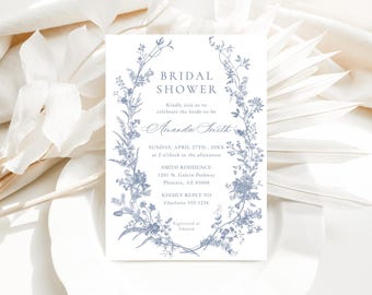 Dusty Blue Toile Bridal Shower Invitation, French Chinoiserie Floral, Personalized 5x7 Invite