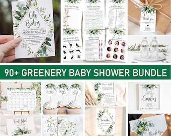 Kit per baby shower a tema eucalipto, con giochi e inviti (download digitale)