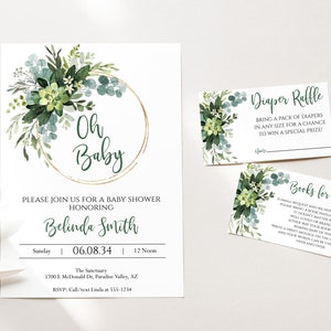 DIY Editable Oh Baby Greenery Baby Shower Invitation, Diaper Raffle and Books for Baby Insert Template Two-Sided Eucalyptus Gender Neutral