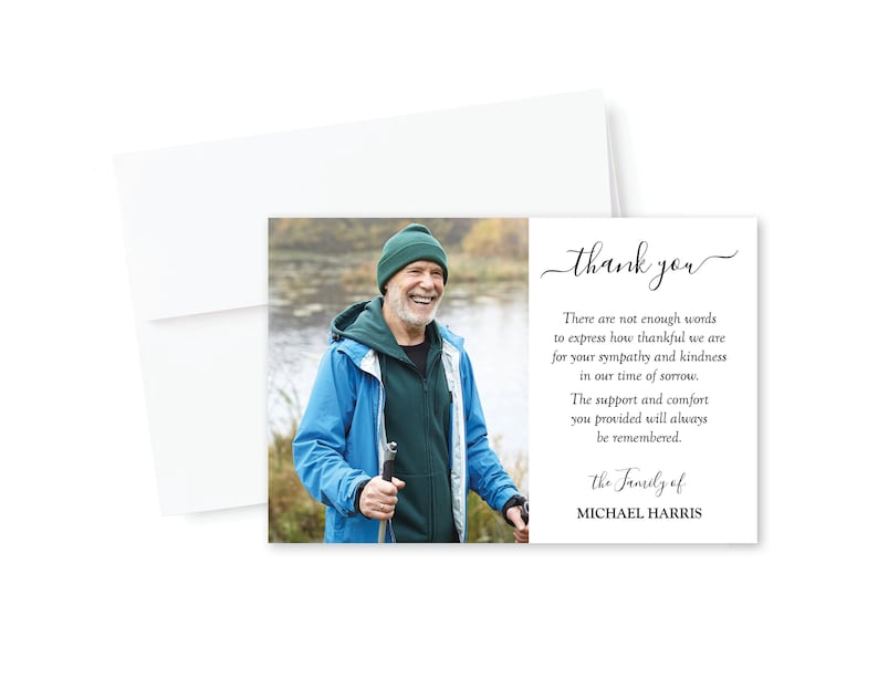 May include: Thank you card featuring a photo of a man wearing a blue jacket and a green hat. The card reads "Thank you" and "There are not enough words to express how thankful we are for your sympathy and kindness in our time of sorrow. The support and comfort you provided will always be remembered. The Family of MICHAEL HARRIS."