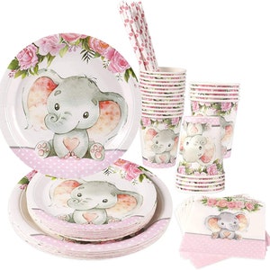 Pink Elephant Girl Baby Shower or Birthday Party Supplies | Serves 24 | Dinner Plates, Dessert Plates, Cups, Straws and Napkins