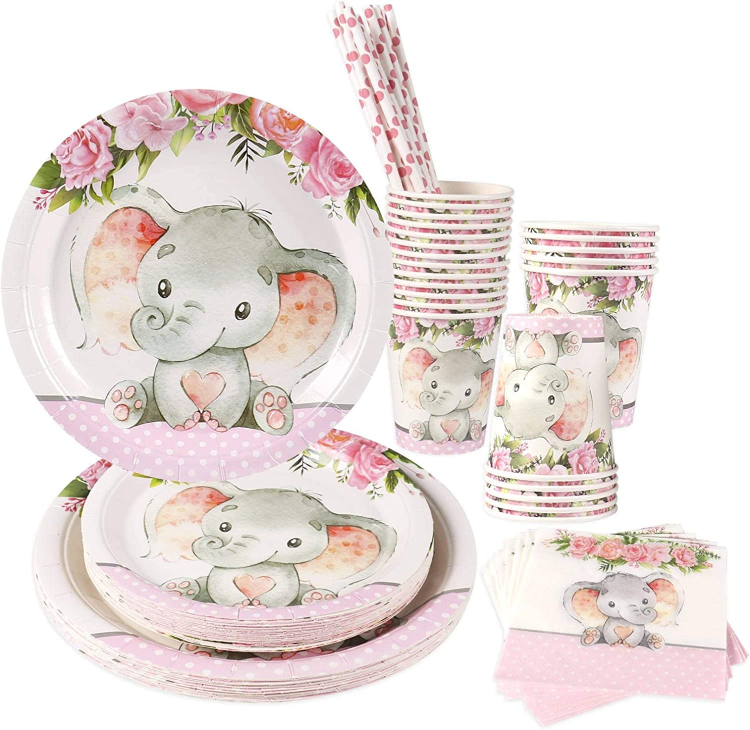 Pink Elephant Girl Baby Shower or Birthday Party Supplies Serves 24 Dinner Plates Dessert Plates Cups Straws and Napkins