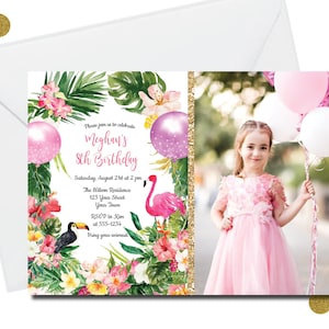 DIY Editable Tropical Birthday Party Photo Invitation Template - Birthday Watercolor Invite, Flamingo, Any Occasion, , Corjl