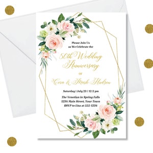 DIY Editable Geometric 50th Anniversary Party Invitation Template - Watercolor Invite, Any Year or Occassion,