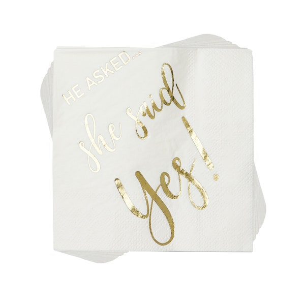 He Asked...She Said Yes! Cocktail Napkins White Gold Napkins Dessert Beverage Table Decorations Bridal Shower Supplies 100 Pcs, 3-ply