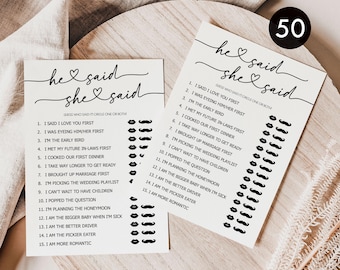 He Said She Said Game: 50 Bridal Shower Cards, Minimalist Script