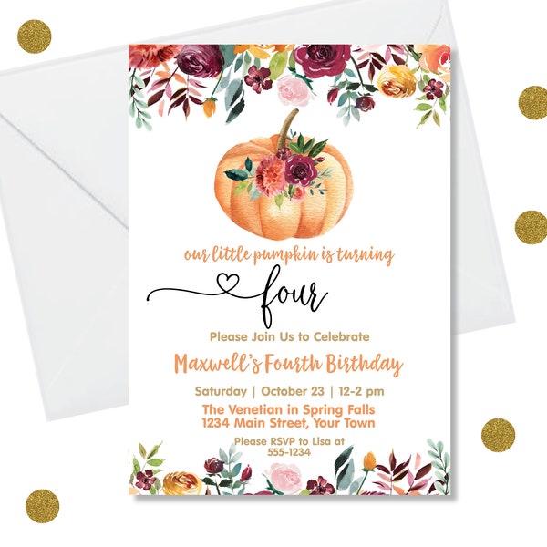Editable Our Pumpkin is Turning Four Fourth Birthday Invitation, Girl or Boy Birthday Invite. Fall, Autumn, Paperless Post