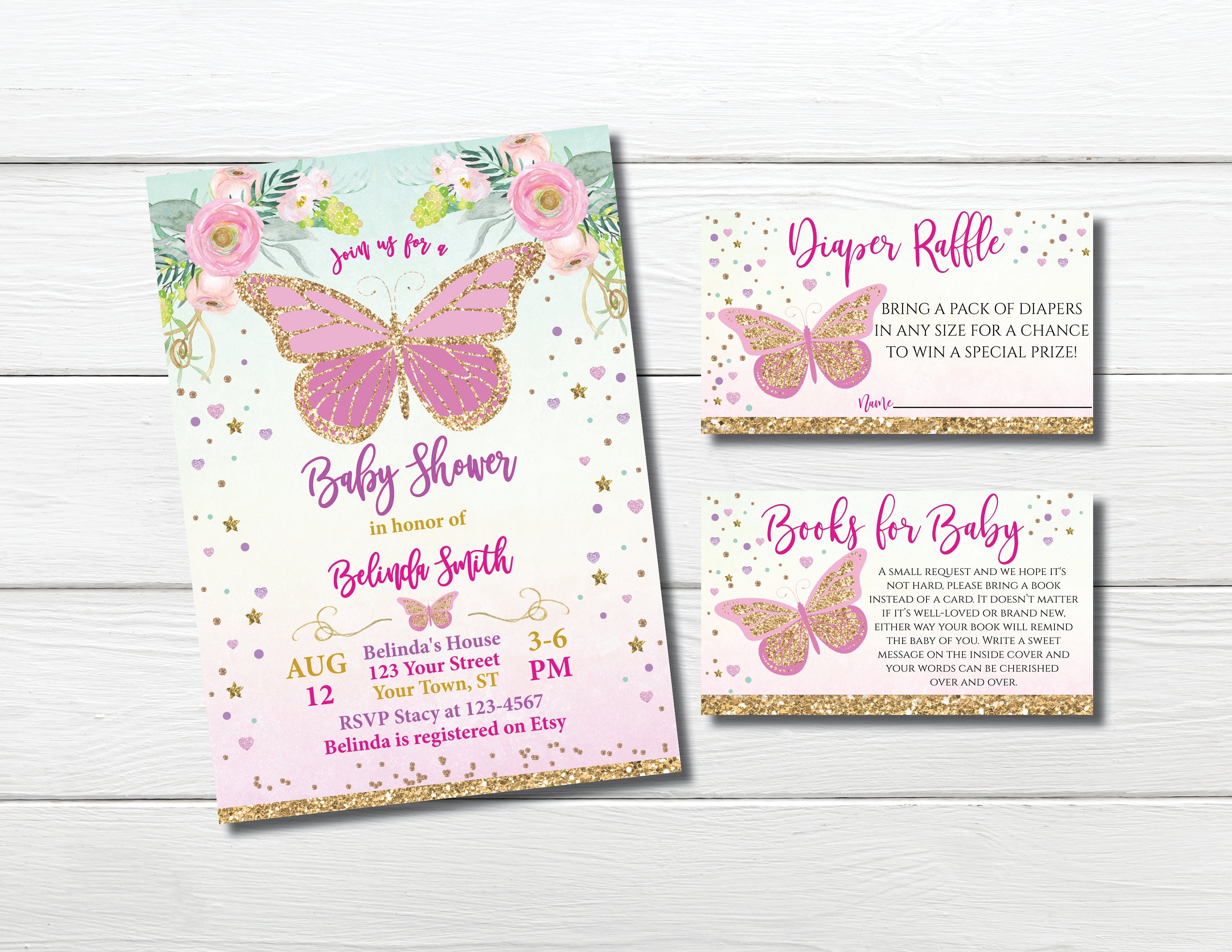 DIY Editable Butterfly Baby Shower Invitation Diaper Raffle and Books for Baby Template Butterflies Baby Shower Girl Baby