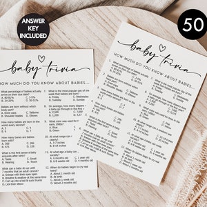 May include: A printable baby trivia game with 12 questions about babies. The game is designed for a baby shower or other baby-related event. The questions cover topics such as the percentage of babies born on their due date, the most popular day of the week for babies to be born, and the average number of nappies a baby goes through in the first year.