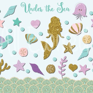 Mermaid Under Sea Clipart - Includes 24 PNG Files Including Glitter gold Mermaid 6&quot; at longest side, for personal and small commercial use