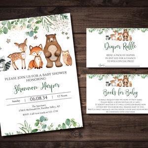 DIY Editable Woodland Baby Shower Invitation, Diaper Raffle and Books for Baby Template - Gender Neutral Pack, woodland animals invitations