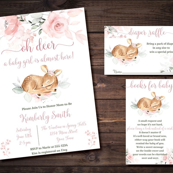 DIY Editable Oh Deer Invitation, Diaper Raffle and Books for Baby Template - Oh Deer Baby Shower, Girl Baby Shower, Corjl, Paperless Post