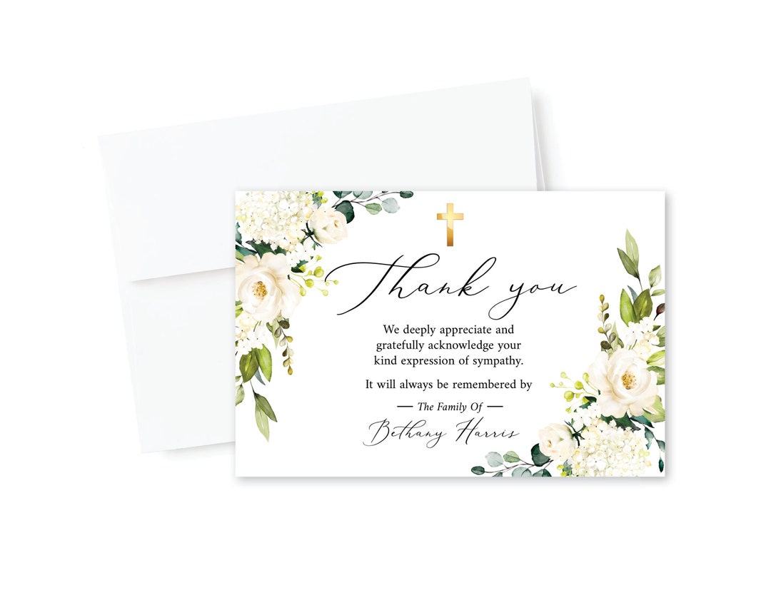 Printed Funeral Thank You Cards, White Floral Sympathy Notes, Christian