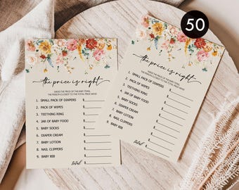 50 Wildflower Price is Right Baby Shower Game Cards