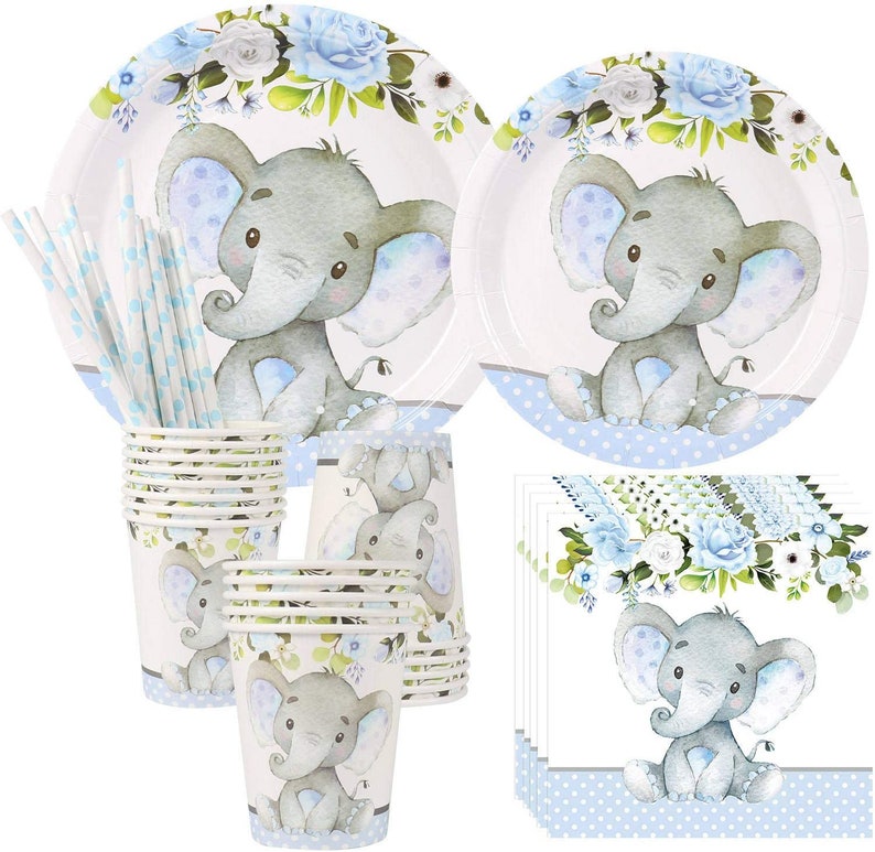 Blue Elephant Boy Baby Shower or Birthday Party Supplies Serves 24 Dinner Plates Dessert Plates Cups Straws and Napkins