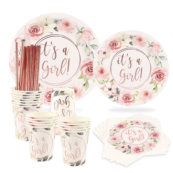 Rose Gold Foil It's a Girl, Vintage Pink Floral, 24 Guests, Dinner Plates, Dessert Plates, Cups, Gold Paper Straws & Napkins for Baby Shower