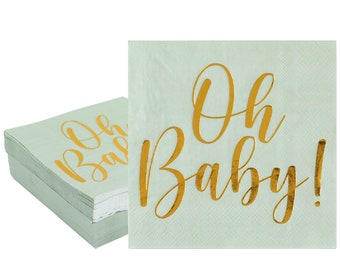 50 Pcs "Oh Baby" Sage Napkins - Gender Neutral Baby Shower Birthday Party Green and Gold Supplies for Dessert Beverage, Unisex Gender Reveal