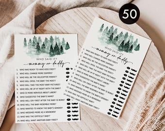 50 Forest Baby Shower Game Cards: Mommy or Daddy Quiz