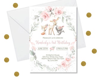 DIY Editable Invitation - Woodland Girl Birthday Invitations, Deer, Racoon, Fox Girl Birthday Party Invites | Edit with Corjl, Printable