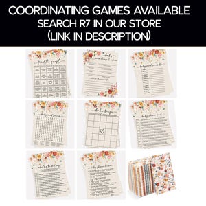 Op de afbeelding: Een set met printbare babyshower-spellen met bloemenontwerpen. De spellen omvatten "Vind de gast", "Baby-woordenspeurtocht", "Baby-bingo", "Wat zei de vader?" en "Babyshower-quiz".