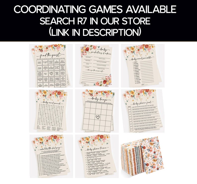 Op de afbeelding: Een set met printbare babyshower-spellen met bloemenontwerpen. De spellen omvatten "Vind de gast", "Baby-woordenspeurtocht", "Baby-bingo", "Wat zei de vader?" en "Babyshower-quiz".