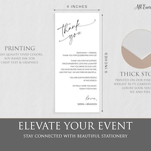 May include: A thank you card with a simple black script font that says "Thank you". The card is 4 inches wide and 9 inches tall. The card is printed on thick, heavy cardstock.