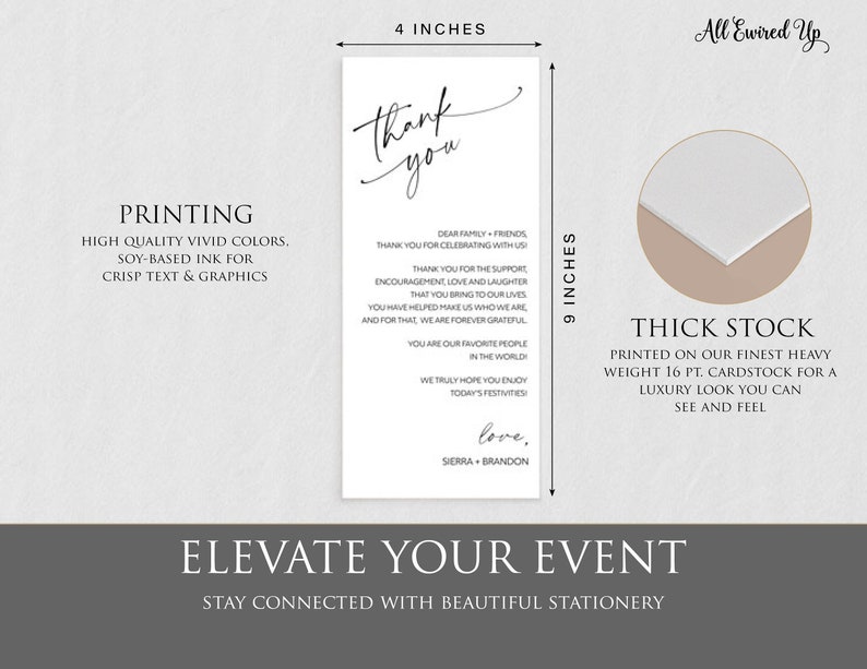 May include: A thank you card with a simple black script font that says "Thank you". The card is 4 inches wide and 9 inches tall. The card is printed on thick, heavy cardstock.