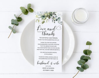 Printed Eucalyptus Wedding Thank You Card, Personalized Place Setting