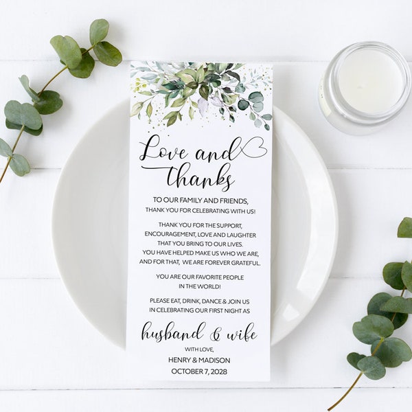 Printed Personalized Thank You, Place Setting, Wedding Thank You Card, Wedding Thank You Note, Table Thank You Card, Greenery, Eucalyptus