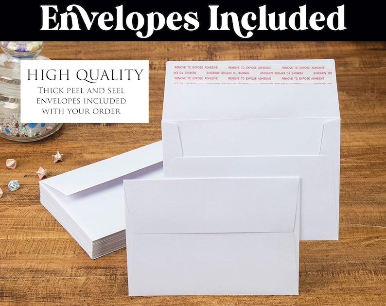 May include: A stack of white envelopes with the text "HIGH QUALITY" and "THICK PEEL AND SEAL ENVELOPES INCLUDED WITH YOUR ORDER" printed on the top envelope.