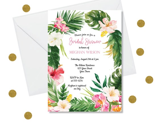 Tropical Bridal Shower Invitation Template – Editable Watercolor Floral (Digital Download)