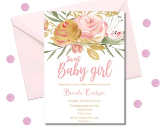May include: Pink and gold floral baby shower invitation with the text "Sweet Baby Girl" and the name "Brenda Carlson". The invitation includes the date, time, location, and RSVP information.