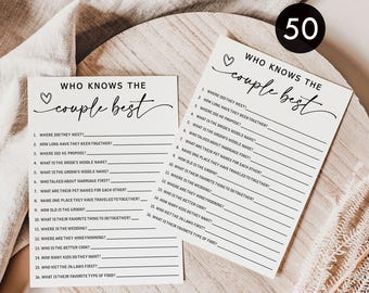 Who Knows the Couple Game Cards: Minimalist Wedding Shower Activity (50 Cards)