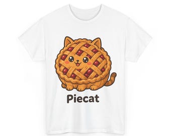 May include: A white t-shirt featuring a graphic of a brown cat shaped like a cherry pie with a lattice crust. The cat has large black eyes, pink cheeks, and a small smile. Below the illustration, the word Piecat is printed in dark brown text.