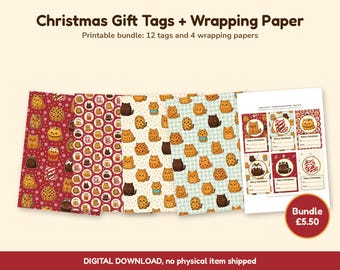Julklappsetiketter och omslagspapper, utskrivbart presentpapper för katter, julklappsetiketter för kattmat, kawaii direktnedladdning