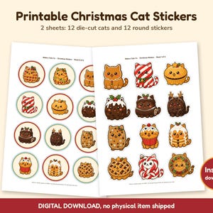 Op de afbeelding: Twee vellen met printbare kerststickers van katten, met 12 gestanste katten en 12 ronde stickers. De ontwerpen tonen katten als peperkoek, zuurstokken, cupcakes en taarten. Tekst op de afbeelding: Printable Christmas Cat Stickers.
