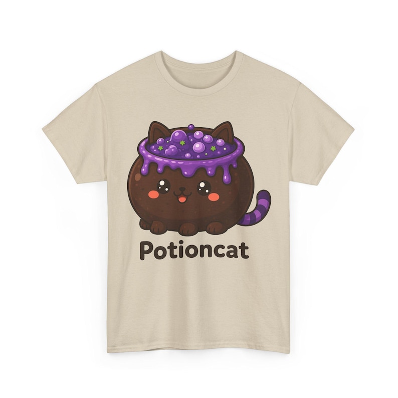 T-shirt met heksenkat voor Halloween, schattig T-shirt met heksenkat, kawaii T-shirt met heksenketel en toverdrank, unisex heksenachtig cadeau afbeelding 2