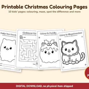 Christmas Colouring Pages for Kids, Printable Cat Activity Pack, Maze, Spot the Difference, Bakery Food Cat Colouring, Instant Download