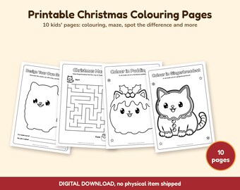 Christmas Colouring Pages for Kids, Printable Cat Activity Pack, Maze, Spot the Difference, Bakery Food Cat Colouring, Instant Download