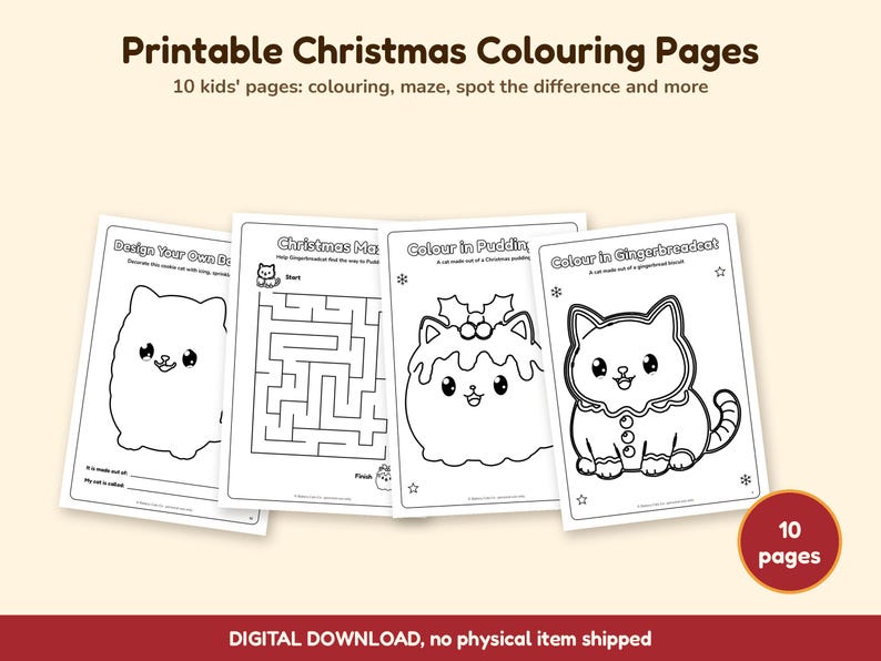 Puede incluir: Un conjunto de diez p&aacute;ginas para colorear de Navidad imprimibles con arte lineal en blanco y negro. Las hojas incluyen actividades como un laberinto, encuentra las diferencias y varias ilustraciones de gatos con texto como Design Your Own, Christmas Maze, Colour in Pudding y Colour in Gingerbreadcat.