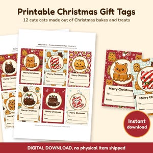 Printable Christmas Gift Tags, Cute Cat Gift Tags, Bakery Food Cat Xmas Tags, Kawaii Christmas Labels, Instant Download, A4 and US Letter image 1